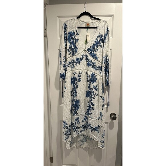 NWT FARM RIO Arara Tropical Floral Eyelet Maxi Dress XS Off White Colbalt Blue - Picture 1 of 8
